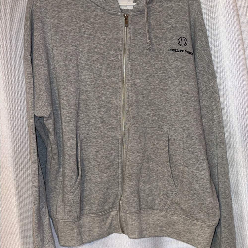 Gray Zip-Up Hoodie with Positive Vibes Logo